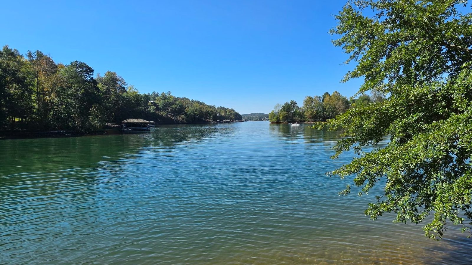 A black tritoon with tan seating underway on Lake Keowee, seen from a wooden dock.